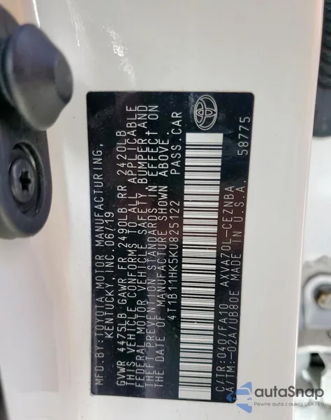 2019 Toyota Camry L z USA, uszkodzony, nr VIN 4T1B11HK5KU825122